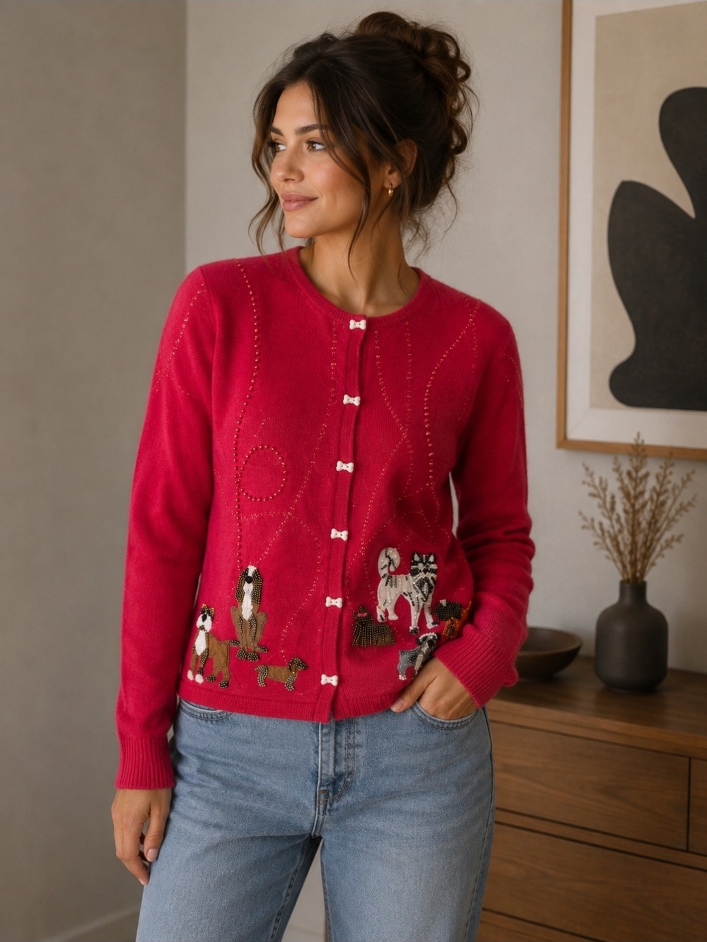 Quacker Factory Hot Pink Embroidered Dog Button Cardigan